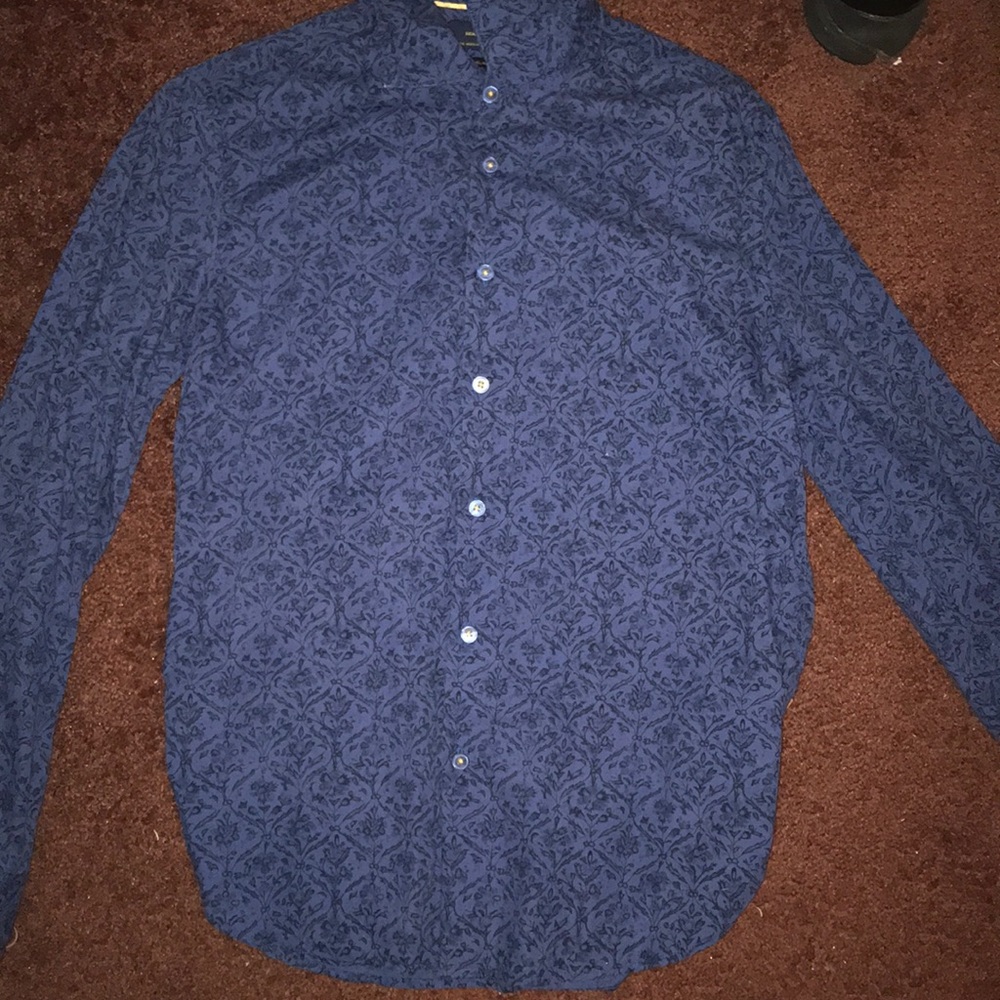 Blue button down with a black floral design